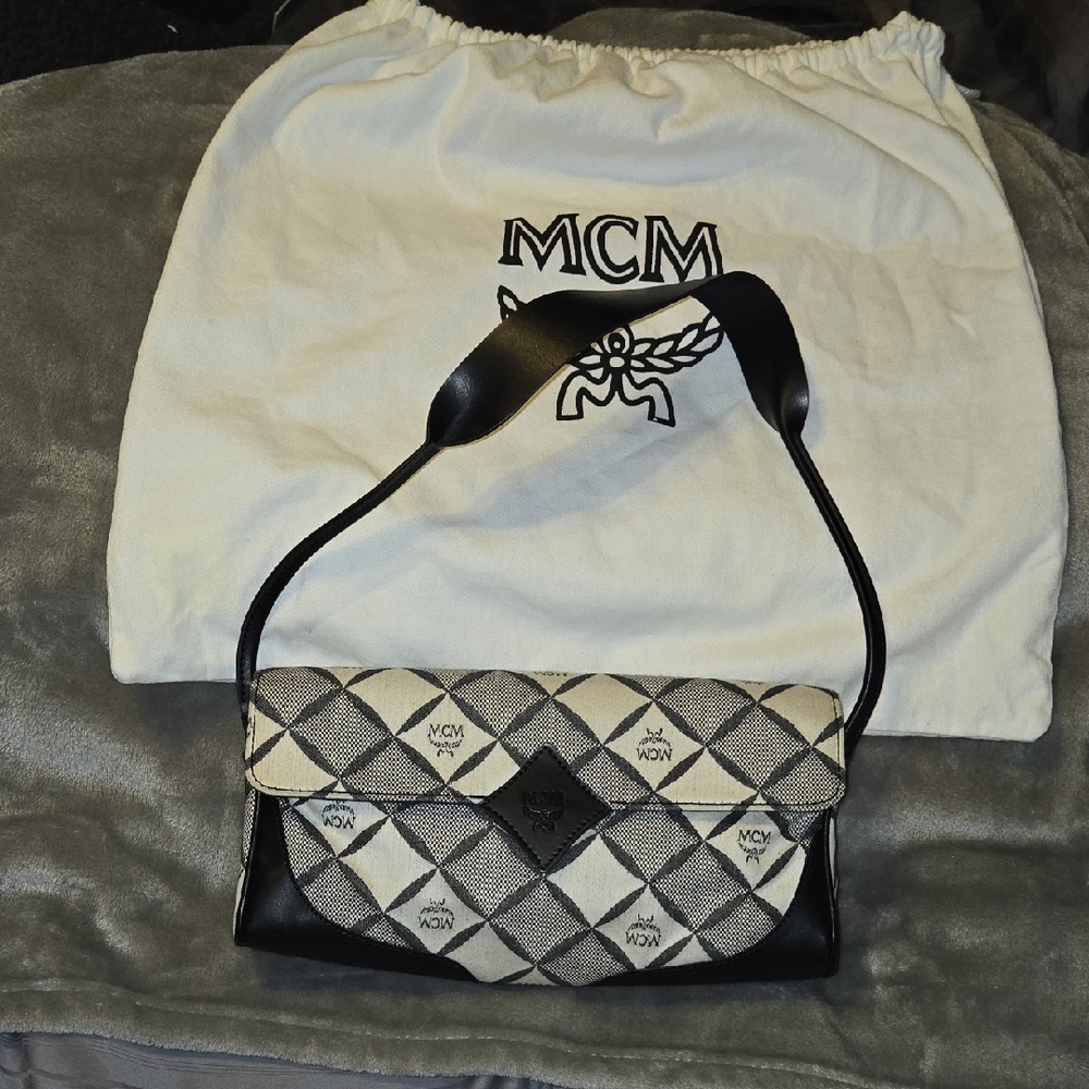 MCM Black and White Shoulder Bag With COA